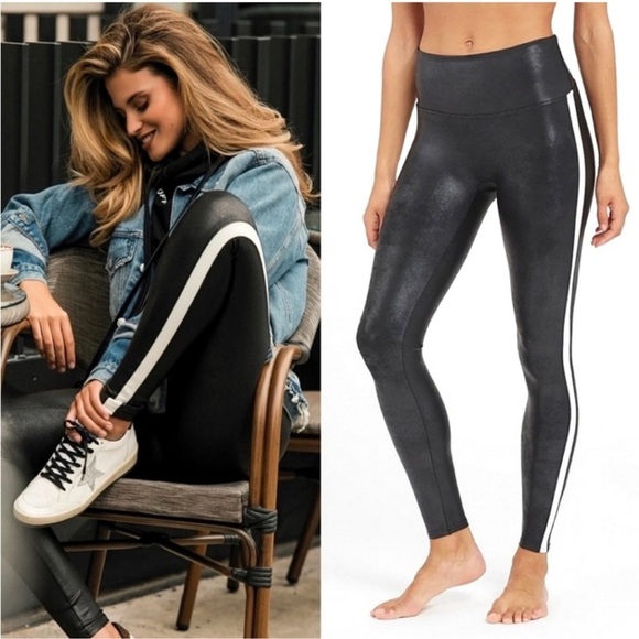 SPANX Pants - SPANX Faux Leather White Side Stripe Shaping Slimming Leggings Size M